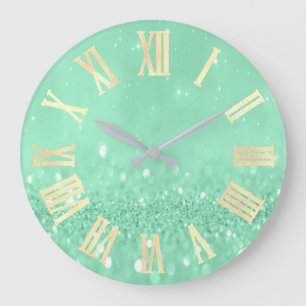 Grande Horloge Ronde Nombres romains gris d'or vert de parties