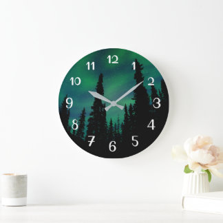 Grande Horloge Ronde Northern Lights Green Night Sky Forest