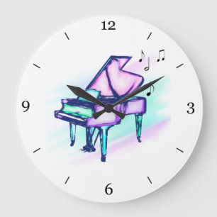 Grande Horloge Ronde Notes colorées d'aquarelle et de musique de piano