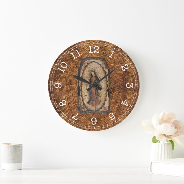 Grande Horloge Ronde Notre-Dame de Guadalupe Vierge Marie Bois Look (Maison)