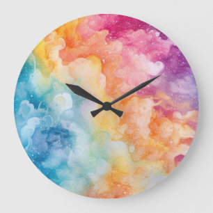 Grande Horloge Ronde Nuages arc-en-ciel peints Aquarelle Abstraite