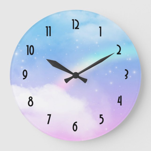 Grande Horloge Ronde Nuages pastel magiques et arc-en-ciel (Recto)