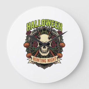 Grande Horloge Ronde Nuit de chasse d'Halloween Roses de crâne à cornes