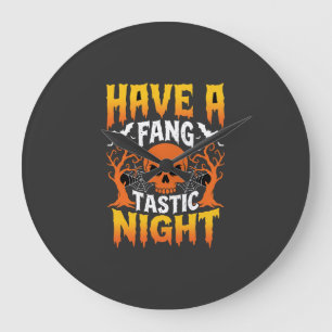 Grande Horloge Ronde Nuit Fang-Tastique Halloween Crâne et Chauves-sour
