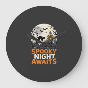 Grande Horloge Ronde Nuit Sombre et Lunée d'Halloween