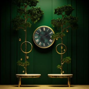Grande Horloge Ronde Numéro romain Tropical Monstera Vert Or Métallique