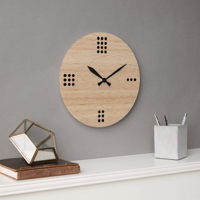 Grande Horloge Ronde Numéros De Points Contemporains Sur Faux Bois (Bureau)