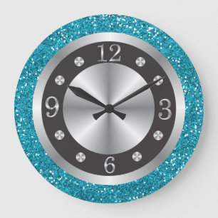 Grande Horloge Ronde Numéros Noirs Et Argent Parties scintillant Bleue 