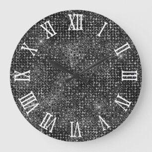 Grande Horloge Ronde Numéros romains Black Disco Parties scintillant