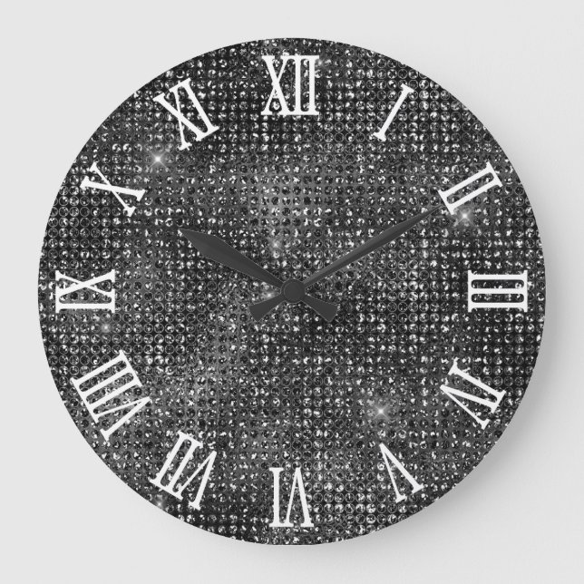 Grande Horloge Ronde Numéros romains Black Disco Parties scintillant (Recto)