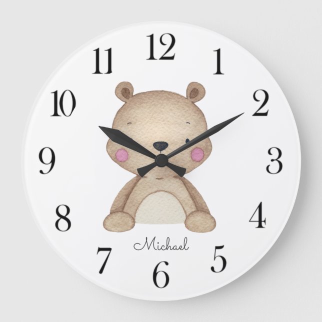 Grande Horloge Ronde Nurserie personnalisée avec ours en aquarelle (Recto)