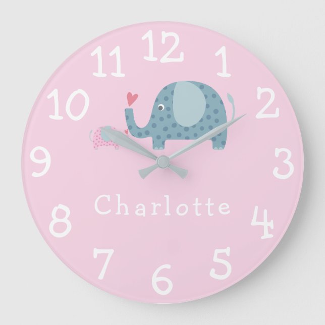 Grande Horloge Ronde Nurserie personnalisée Éléphants à pois (Recto)