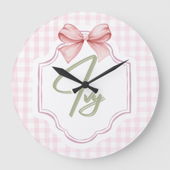 Grande Horloge Ronde Nurserie personnalisée pour bébé fille avec noeud  (Recto)