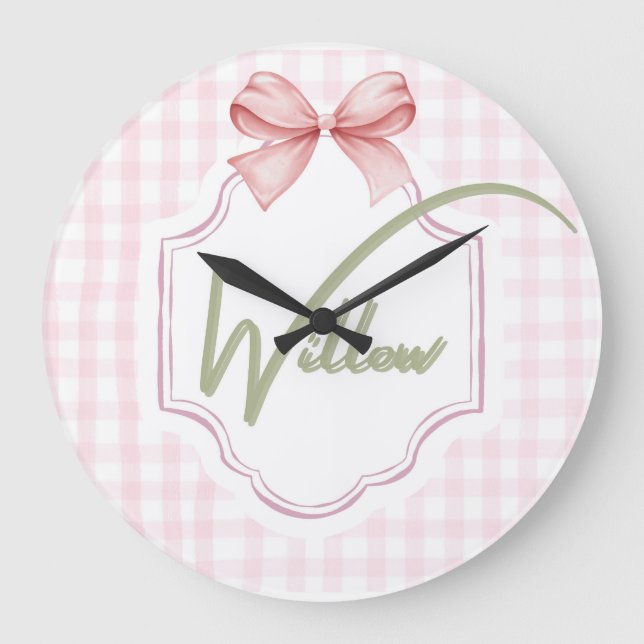 Grande Horloge Ronde Nurserie personnalisée pour bébé fille avec ruban  (Recto)