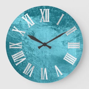 Grande Horloge Ronde Océan Bleu Gris Argent Cuir Métallurique Verre