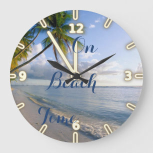 Grande Horloge Ronde Océan de sable ciel palmier ,Plage tropicale
