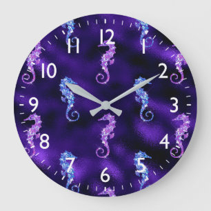 Grande Horloge Ronde Ocean Glamour Purple Foil & Glitter Seahorses