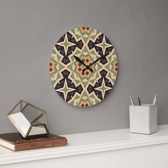 Grande Horloge Ronde Ochre Mustard Jaune Olive Green Black Tribal Art (Bureau)