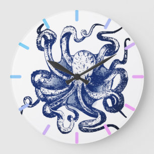 Grande Horloge Ronde Octopus bleu