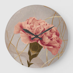 Grande Horloge Ronde Œillet Rose Pâle Floral Or