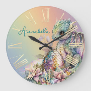 Grande Horloge Ronde Œuf de dragon bébé mignon sur arc-en-ciel