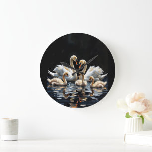 Grande Horloge Ronde Œuvre d'art de la famille de cygnes sur le lac noi