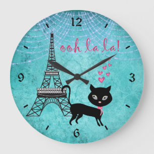 Grande Horloge Ronde Oh La La Paris Chat avec Tour Eiffel et Lumières