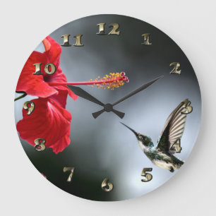 Grande Horloge Ronde Oiseau de Humming et Fleur Rouge