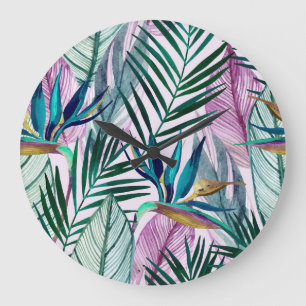 Grande Horloge Ronde Oiseau de paradis tropical, motif d'aquarelle