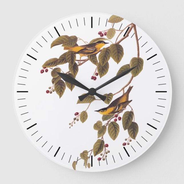 Grande Horloge Ronde Oiseau de Paruline carbonée d'Audubon sur l'arbre  (Recto)