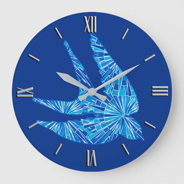 Grande Horloge Ronde Oiseau géométrique moderne, cobalt et bleu ciel (Recto)