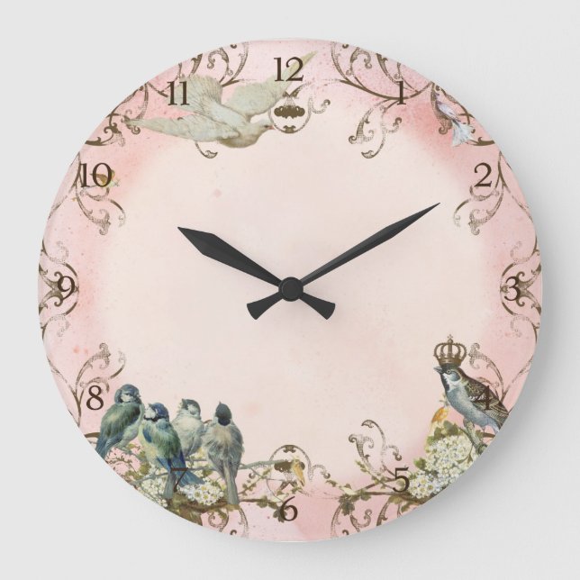 Grande Horloge Ronde Oiseaux boisés enchantés Dove Swirl Personnalisé (Recto)