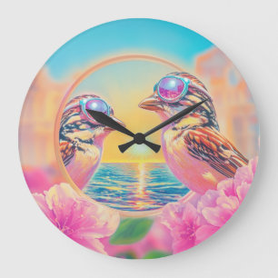 Grande Horloge Ronde Oiseaux cool avec lunettes de soleil au coucher du