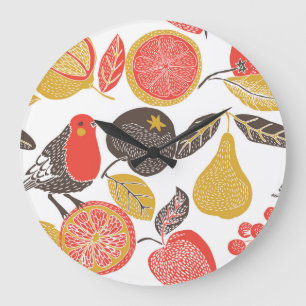 Grande Horloge Ronde Oiseaux dans le Jardin aux Fruits Luxuriants