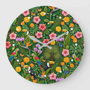 Grande Horloge Ronde Oiseaux de jungle colorés gais Fleurs tropicales