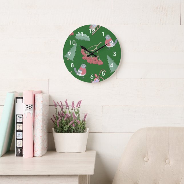 Grande Horloge Ronde Oiseaux de Noël et dorures vertes (Salle de lecture)