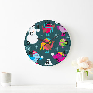 Grande Horloge Ronde Oiseaux d'hiver Jouer dans la neige avec Snowman