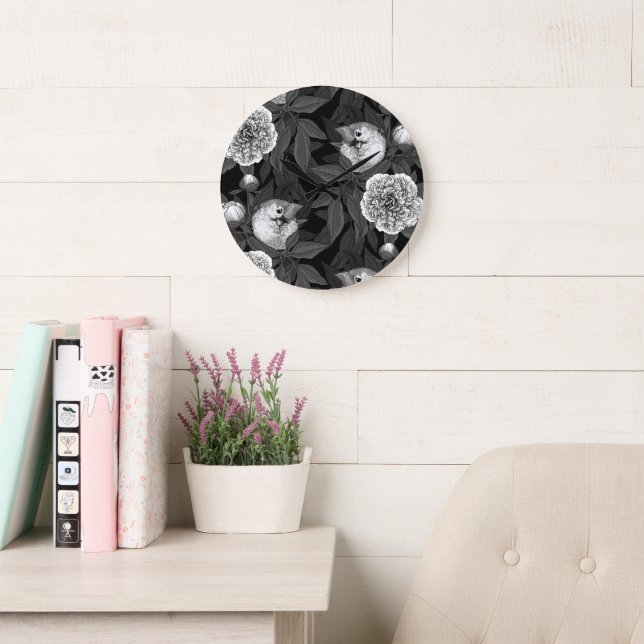 Grande Horloge Ronde Oiseaux et fleurs de pivoines monochromes, gris (Salle de lecture)