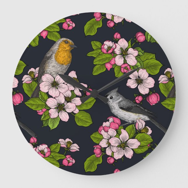 Grande Horloge Ronde Oiseaux et fleurs en noir (Recto)