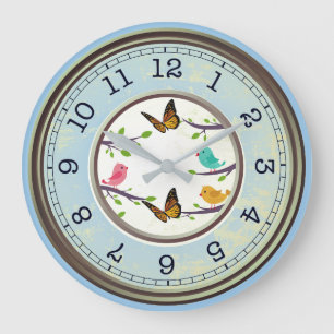 Grande Horloge Ronde Oiseaux et Papillons Style Ferme Bleu