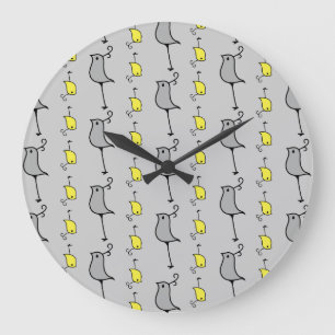 Grande Horloge Ronde Oiseaux, gris et jaune de griffonnage