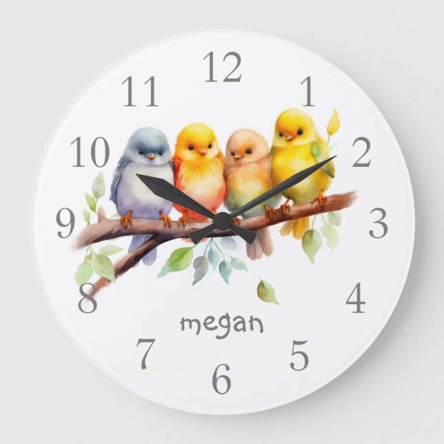 Grande Horloge Ronde Oiseaux mignons personnalisés (Recto)