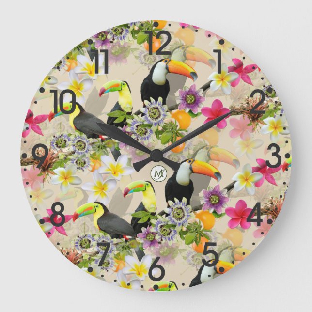 Grande Horloge Ronde Oiseaux Toucans, Fleurs de Passion, Plumeria Tropi (Recto)