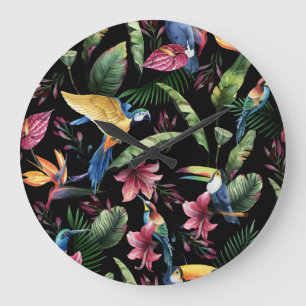 Grande Horloge Ronde Oiseaux tropicaux, fleurs : motif d'aquarelle.