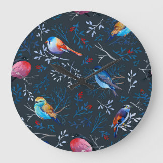 Grande Horloge Ronde Oiseaux vibrants : Gouache Dark Elegance