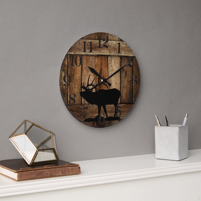 Grande Horloge Ronde Old Barn Wood & Elk Silhouette (Bureau)