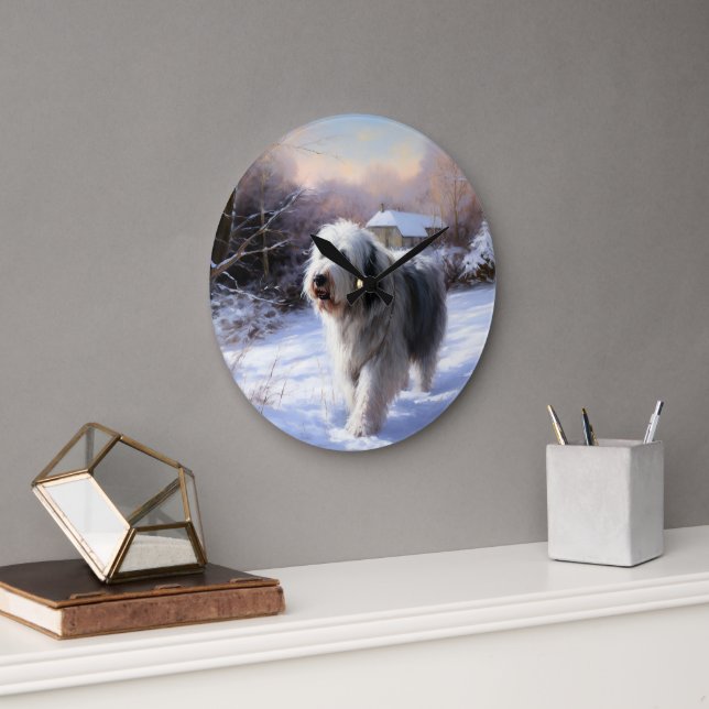 Grande Horloge Ronde Old English Sheepdog Laisser neiger Noël (Bureau)
