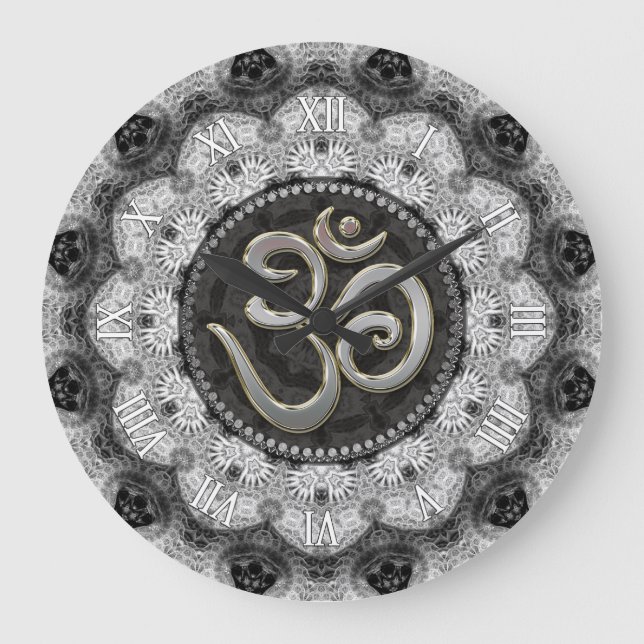 Grande Horloge Ronde OM Symbole Yoga noir blanc dentelle Mandala Horlog (Recto)