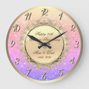 Grande Horloge Ronde Ombre Glitter Or Fleur 25e Anniversaire de Mariage