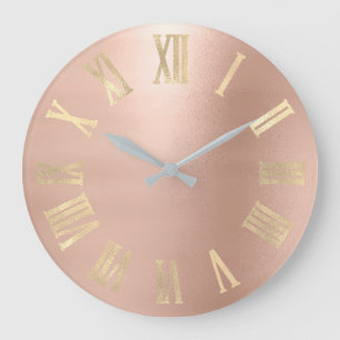 Grande Horloge Ronde Or rose Numers romain métallique minimal de Faux